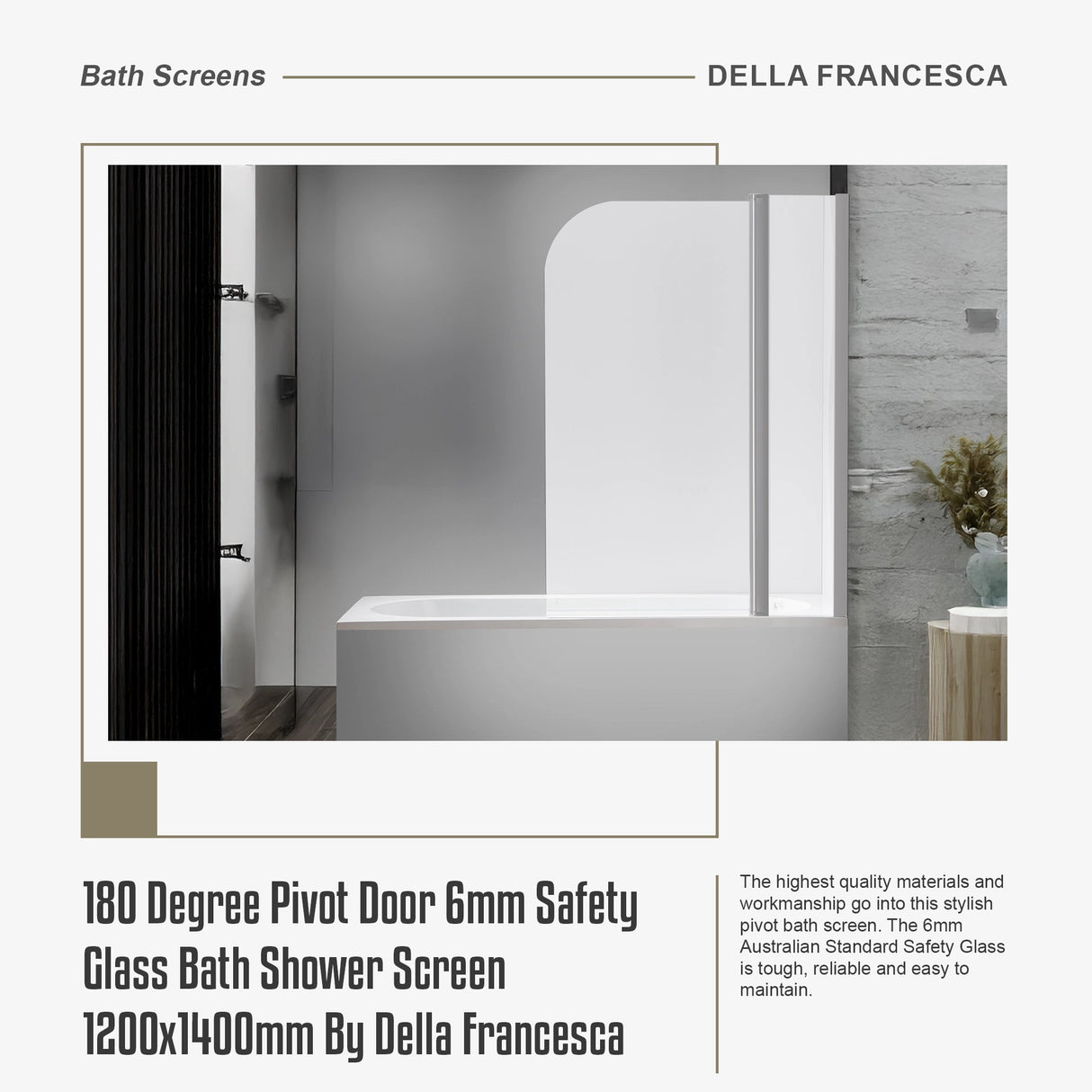 180 Degree Pivot Door 6mm Safety Glass Bath Shower Screen 1200x1400mm