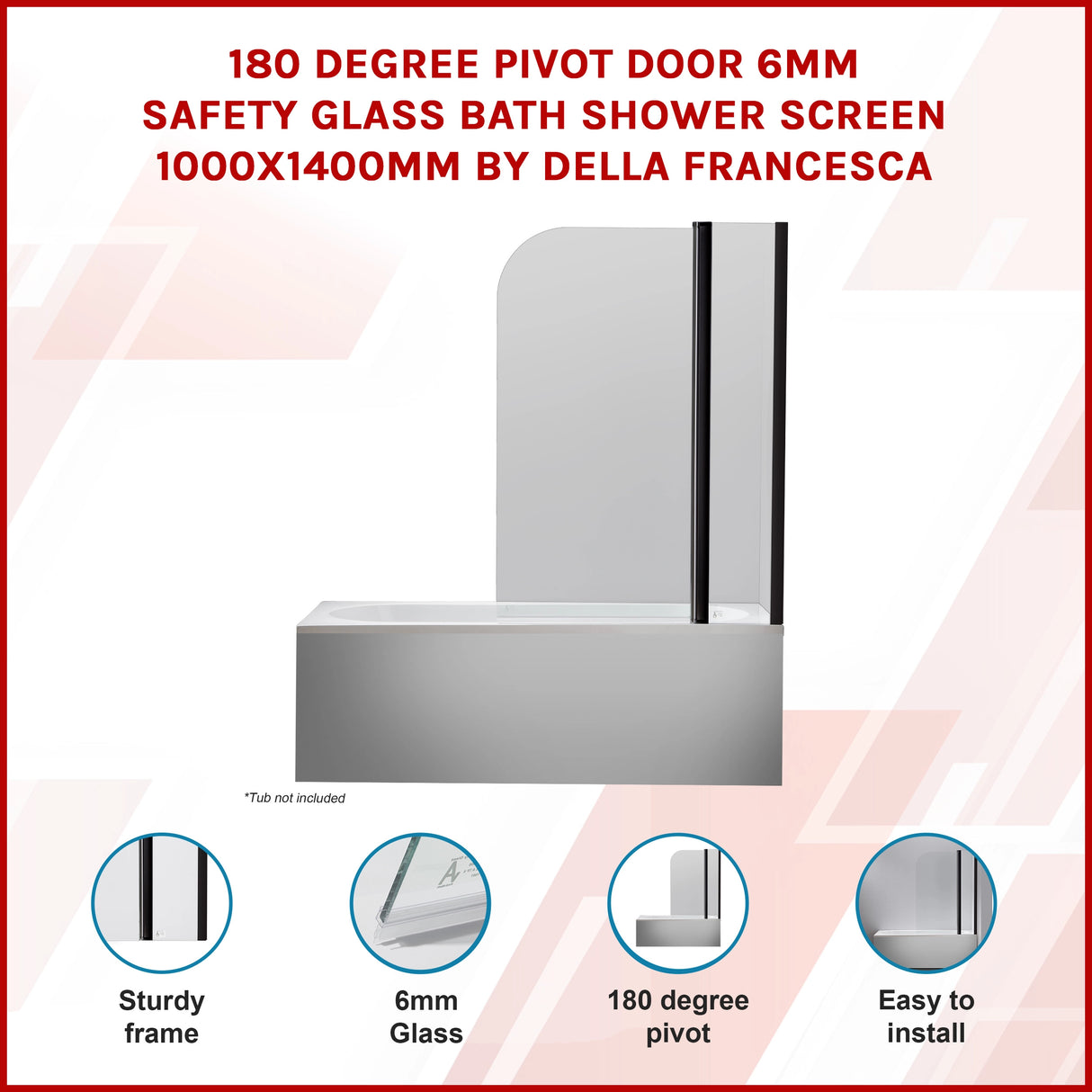 180 Degree Pivot Door 6mm Safety Glass Bath Shower Screen 1000x1400mm By Della Francesca