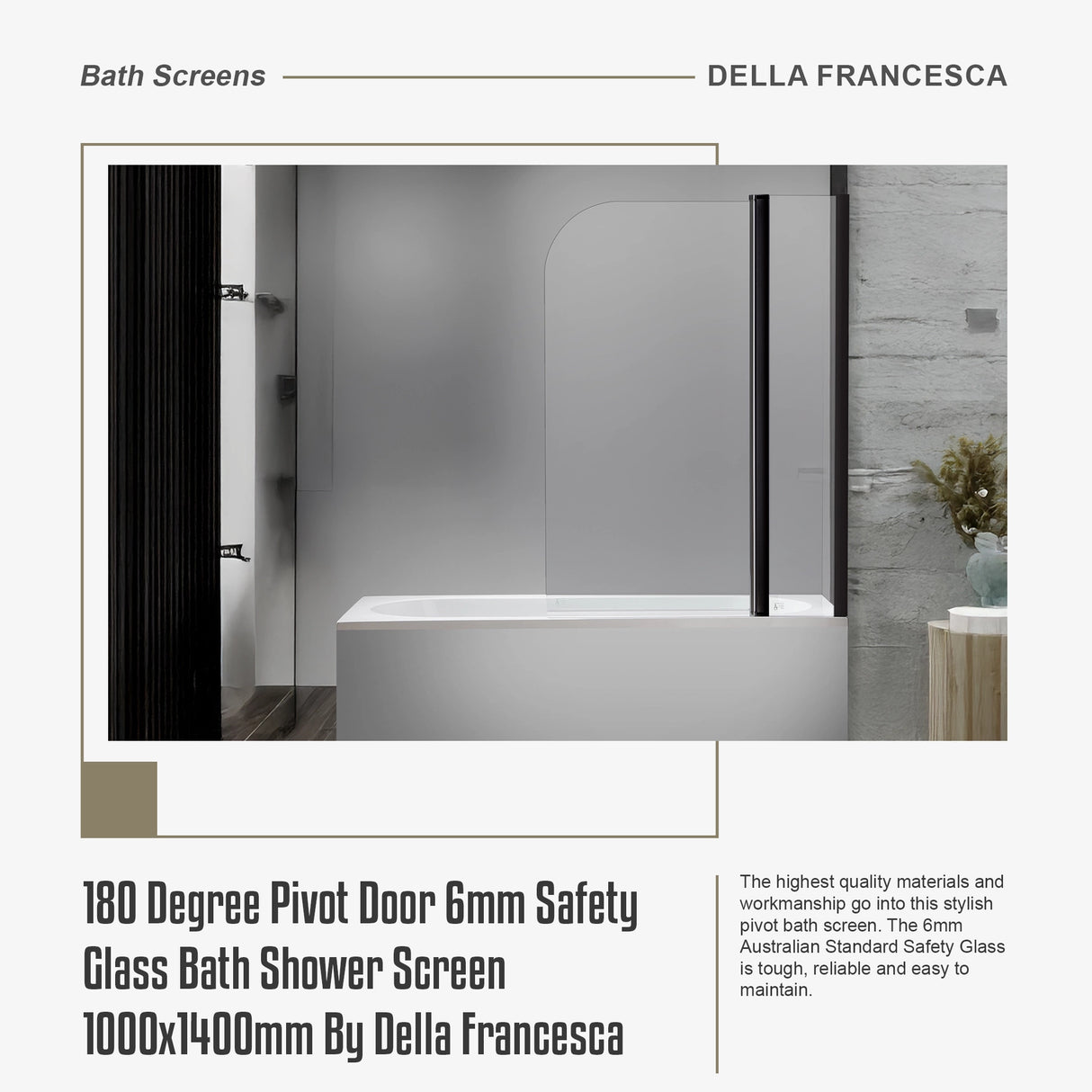 180 Degree Pivot Door 6mm Safety Glass Bath Shower Screen 1000x1400mm By Della Francesca