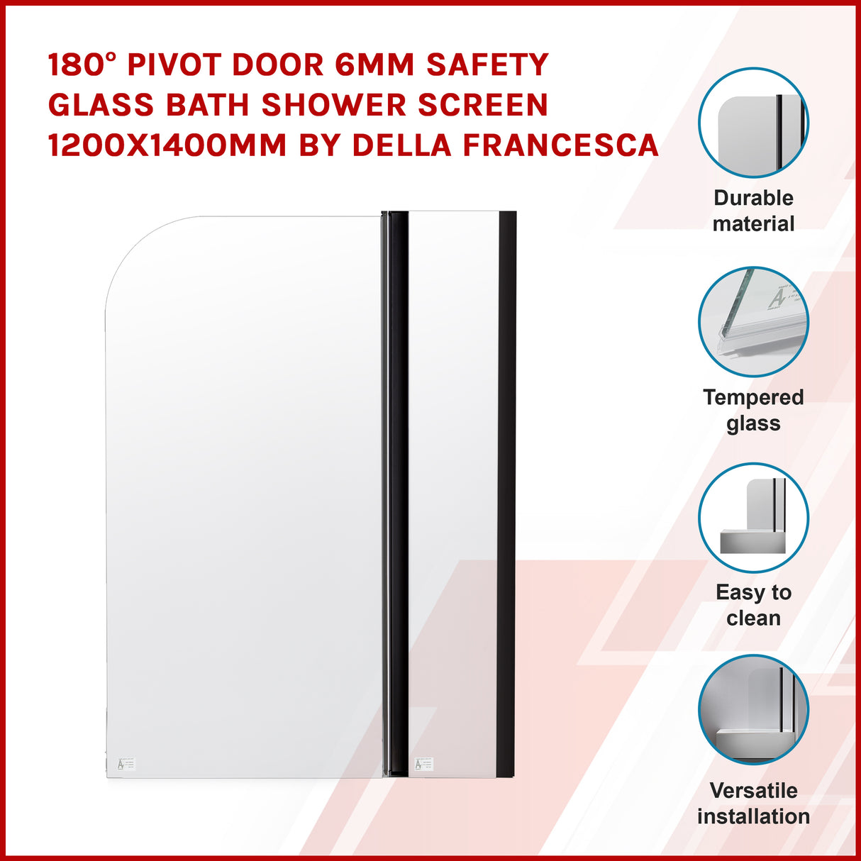 180 Degree Pivot Door 6mm Safety Glass Bath Shower Screen 800x1400mm