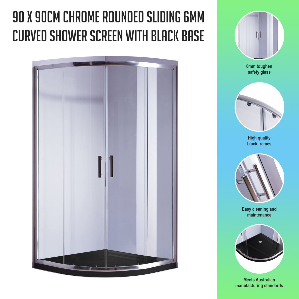 90 x 90cm Chrome Rounded Sliding 6mm Curved Shower Screen with Black Base