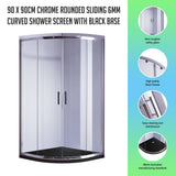 90 x 90cm Chrome Rounded Sliding 6mm Curved Shower Screen with Black Base - Front View