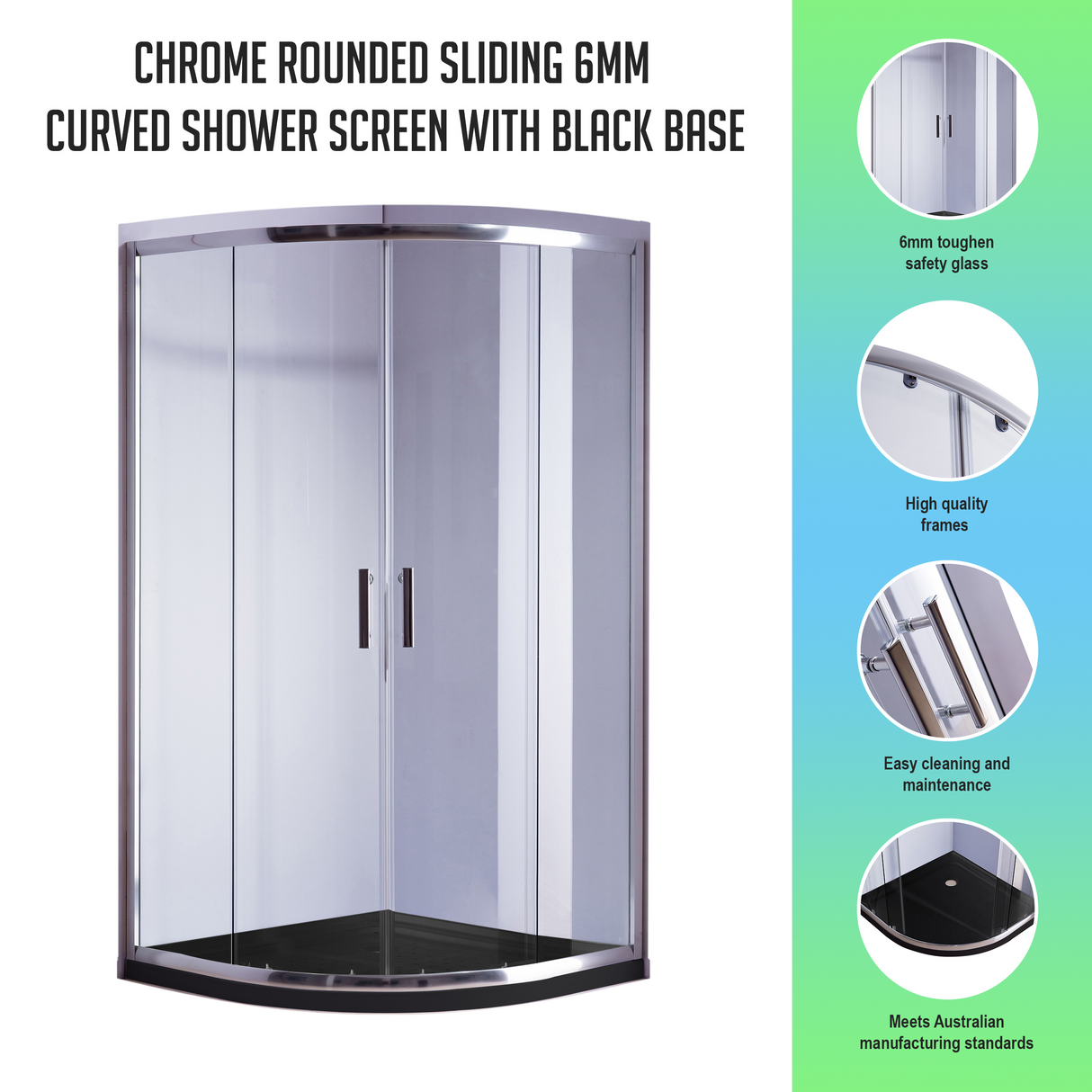 100 x 100cm Chrome Rounded Sliding 6mm Curved Shower Screen with Black Base