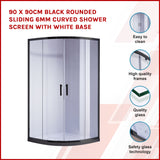 90 x 90cm Black Rounded Sliding 6mm Curved Shower Screen with White Base