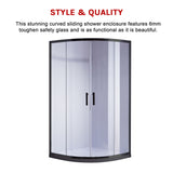 90 x 90cm Black Rounded Sliding 6mm Curved Shower Screen with White Base