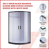 100 x 100cm Black Rounded Sliding 6mm Curved Shower Screen with White Base
