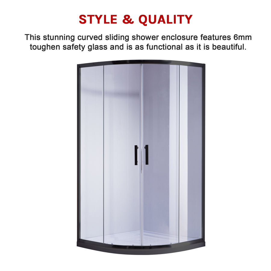 100 x 100cm Black Rounded Sliding 6mm Curved Shower Screen with White Base