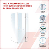 1000 x 1000mm Frameless 10mm Glass Shower Screen By Della Francesca - Front View