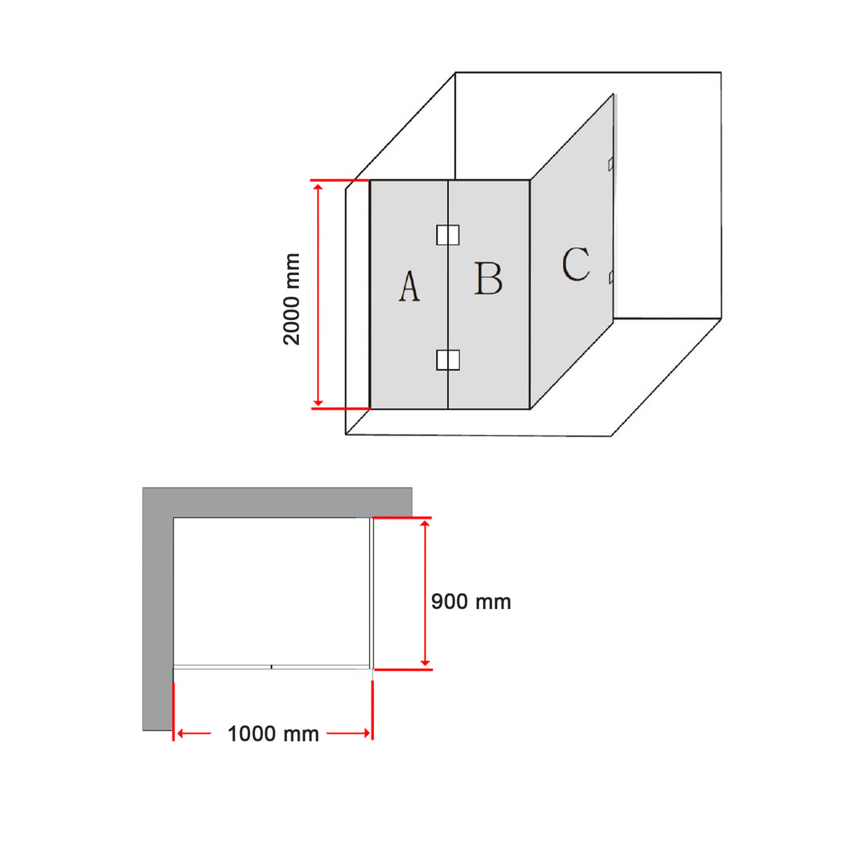 1000 x 900mm Frameless 10mm Glass Shower Screen By Della Francesca