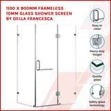 1100 x 900mm Frameless 10mm Glass Shower Screen By Della Francesca - Front View