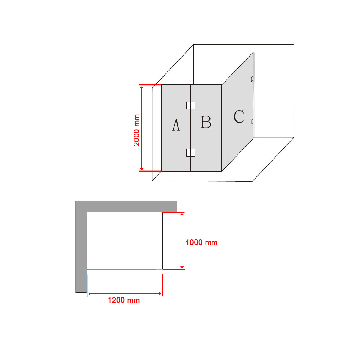 1200 x 1000mm Frameless 10mm Glass Shower Screen By Della Francesca