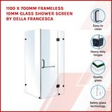 1100 x 700mm Frameless 10mm Glass Shower Screen By Della Francesca - Front View