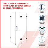 1200 x 700mm Frameless 10mm Glass Shower Screen By Della Francesca - Front View