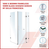 1000 x 800mm Frameless 10mm Glass Shower Screen By Della Francesca - Front View