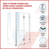 1200 x 700mm Frameless 10mm Glass Shower Screen By Della Francesca - Front View