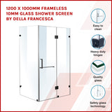 1200 x 1000mm Frameless 10mm Glass Shower Screen By Della Francesca - Front View