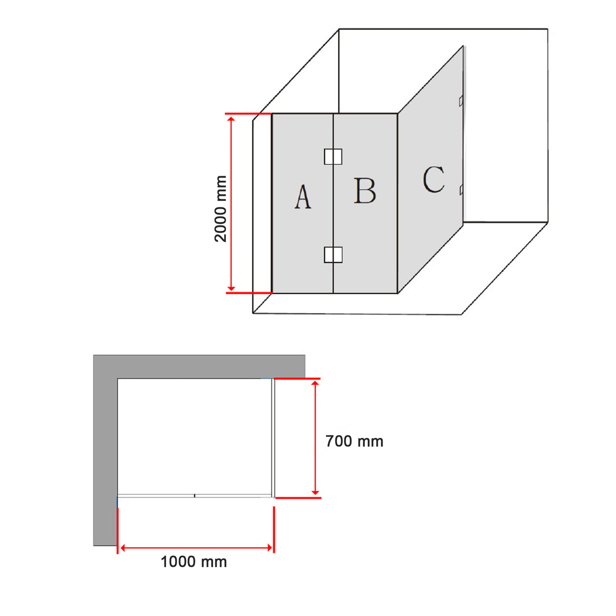1000 x 700mm Frameless 10mm Glass Shower Screen By Della Francesca