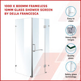 1000 x 800mm Frameless 10mm Glass Shower Screen By Della Francesca - Front View