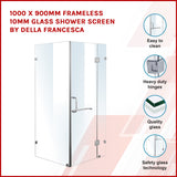 1000 x 900mm Frameless 10mm Glass Shower Screen By Della Francesca - Front View