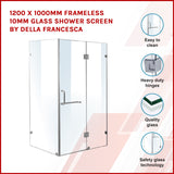 1200 x 1000mm Frameless 10mm Glass Shower Screen By Della Francesca - Front View