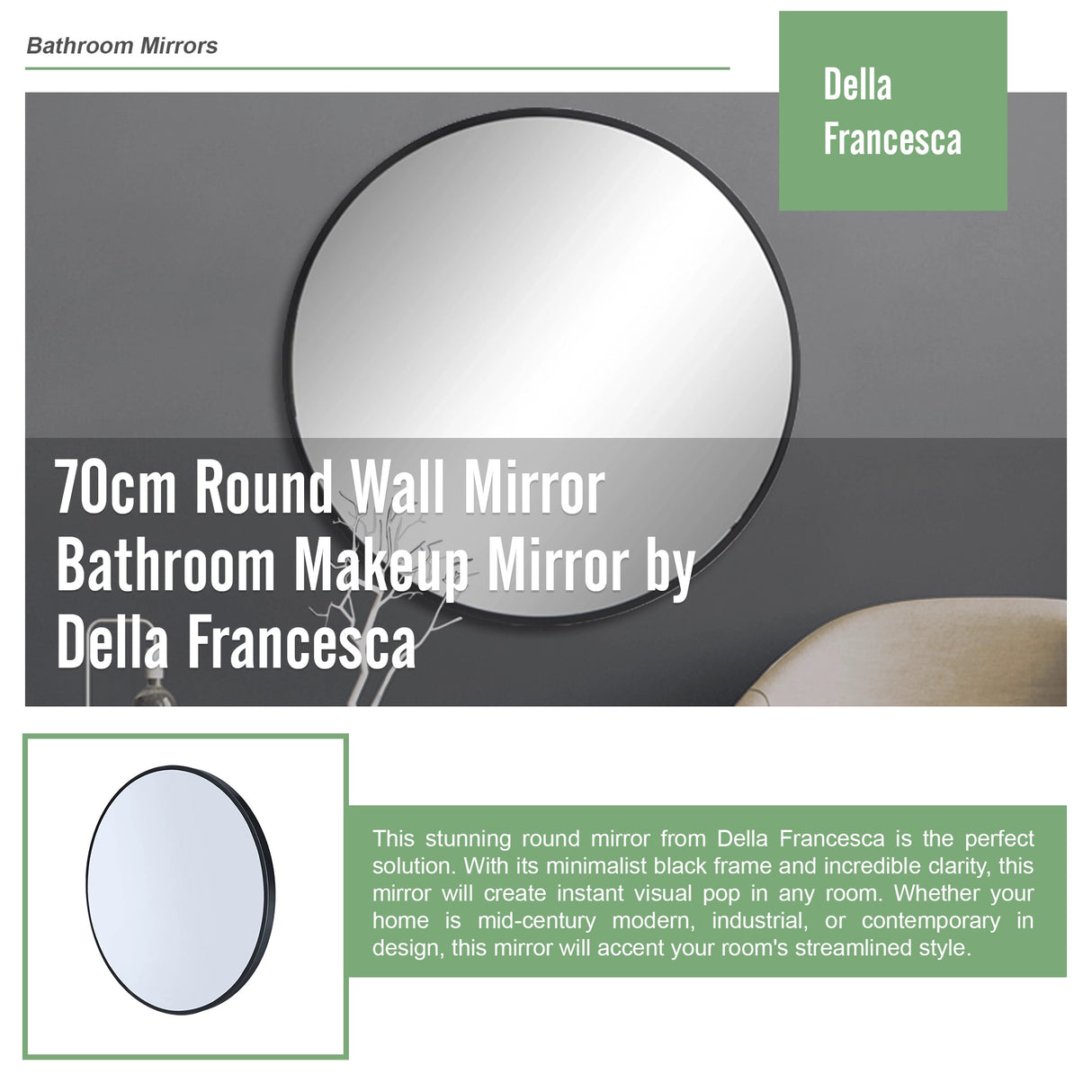 70cm Round Wall Mirror Bathroom Makeup Mirror by Della Francesca