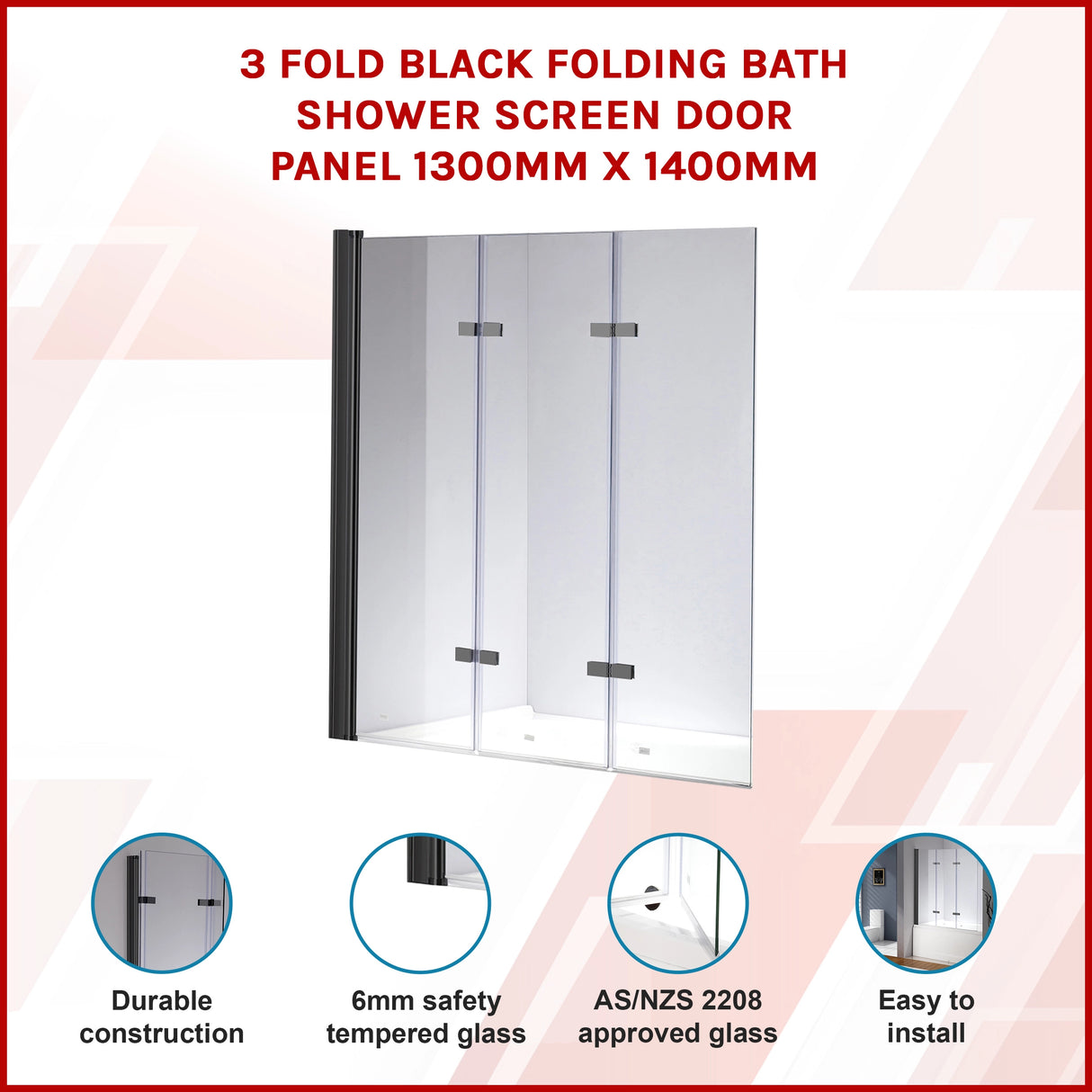 3 Fold Black Folding Bath Shower Screen Door Panel 1300mm x 1400mm