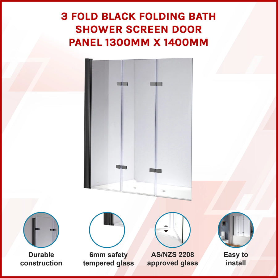 3 Fold Black Folding Bath Shower Screen Door Panel 1300mm x 1400mm