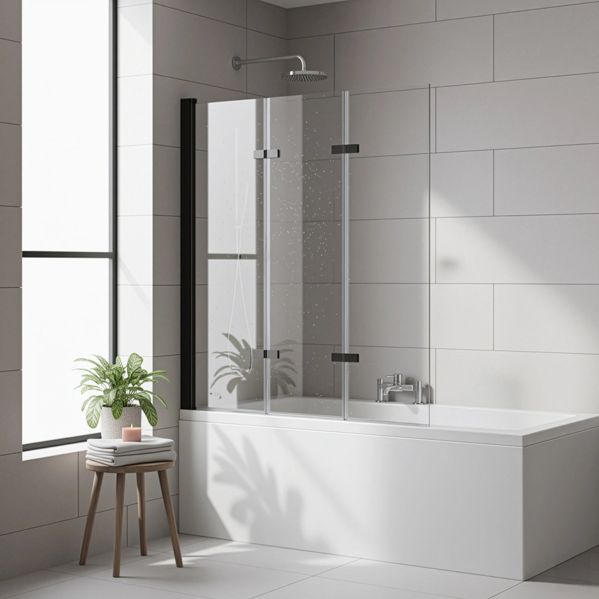 3 Fold Black Folding Bath Shower Screen Door Panel 1300mm x 1400mm