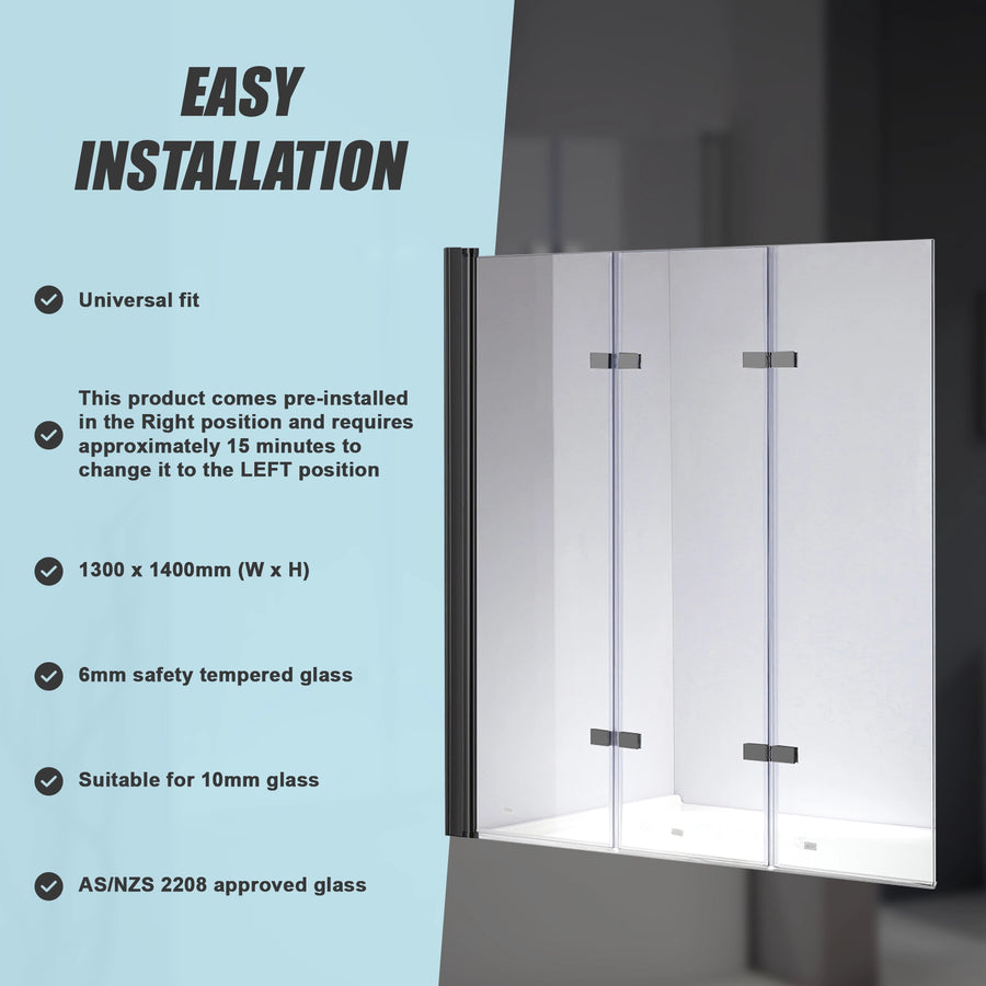 3 Fold Black Folding Bath Shower Screen Door Panel 1300mm x 1400mm