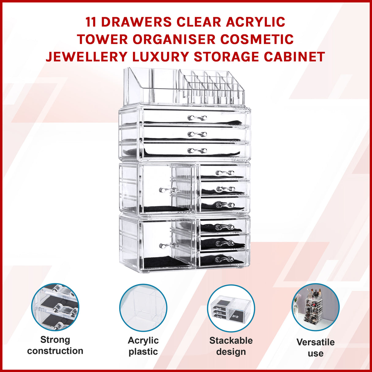 11 Drawers Clear Acrylic Tower Organiser Cosmetic jewellery Luxury Storage Cabinet