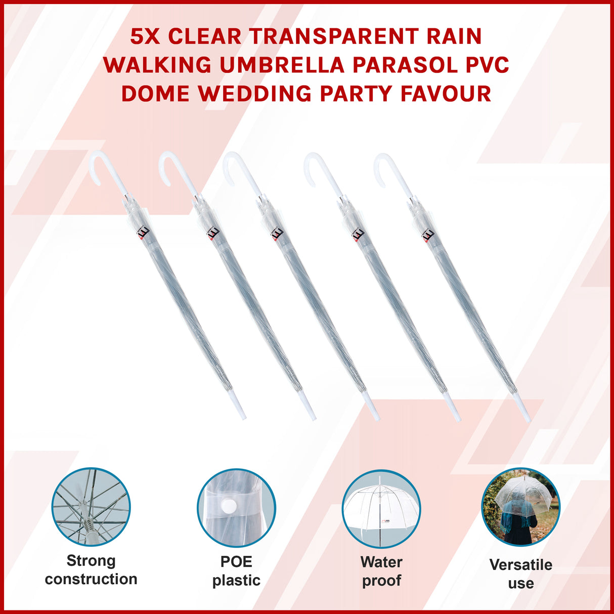 5x Clear Transparent Rain Walking Umbrella Parasol PVC Dome Wedding Party Favour