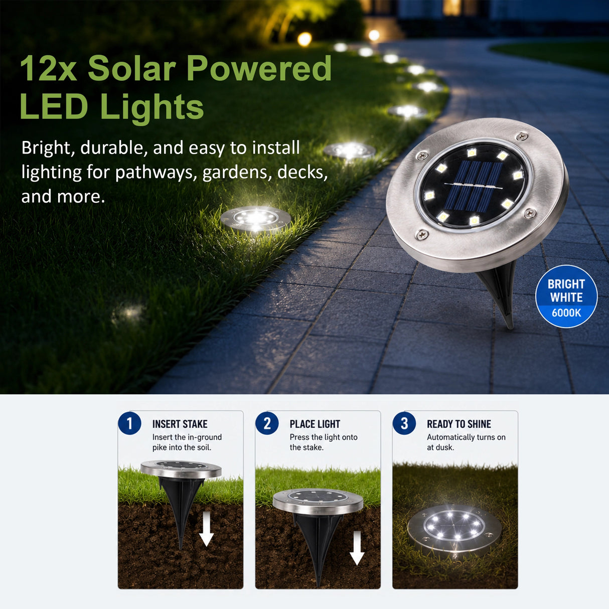 12x Solar Powered LED Buried Inground Recessed Light Garden Outdoor Deck Path