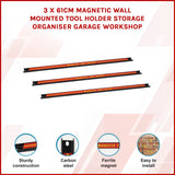 3 x 61cm Magnetic Wall Mounted Tool Holder Storage Organiser Garage Workshop - Front View