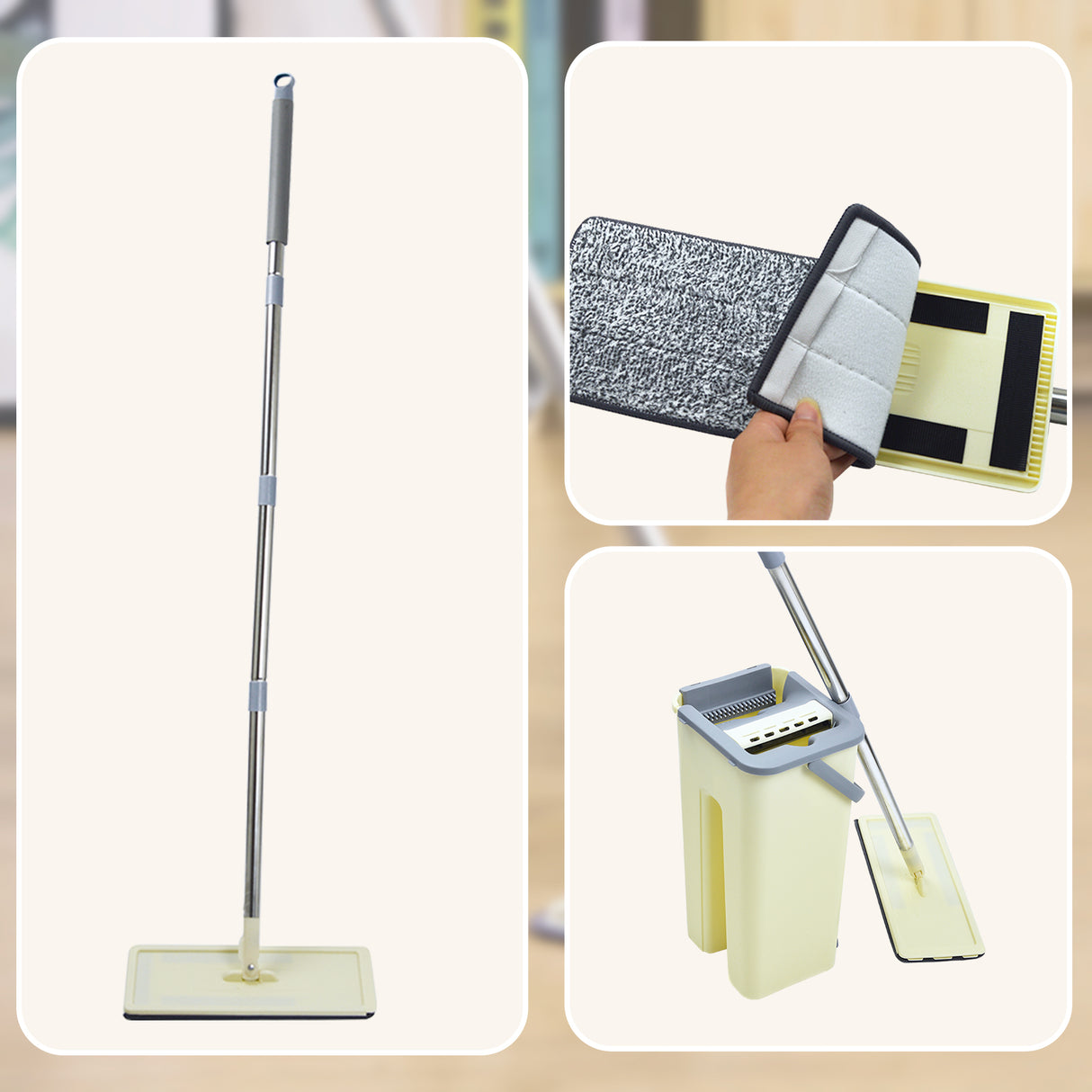 4x Microfiber Pads Flat Mop Bucket Kit 360 Rotating Self Wash Cleaning