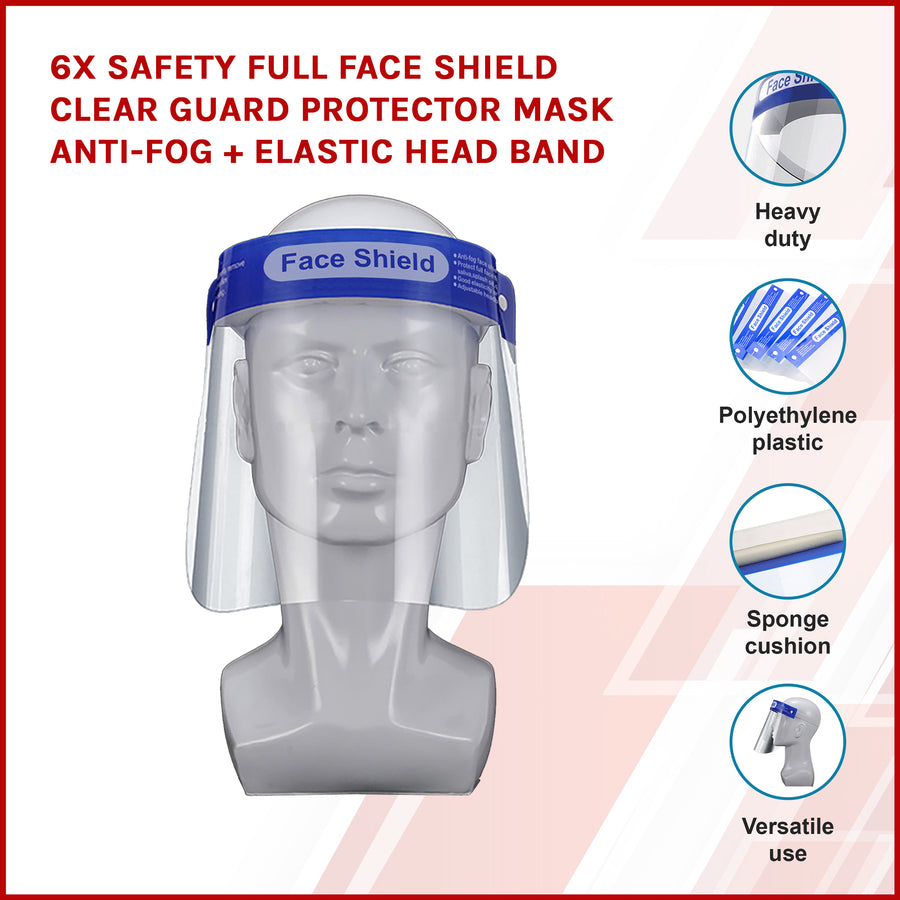 6x Safety Full Face Shield Clear Guard Protector Mask Anti-Fog + Elastic Head Band