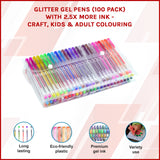 Glitter Gel Pens (100 pack) with 2.5X More Ink - Craft, Kids & Adult Colouring - Side View