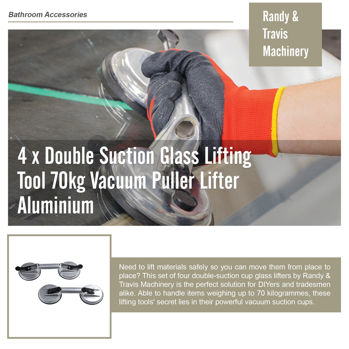 4 x Double Suction Glass Lifting Tool 70kg Vacuum Puller Lifter Aluminium