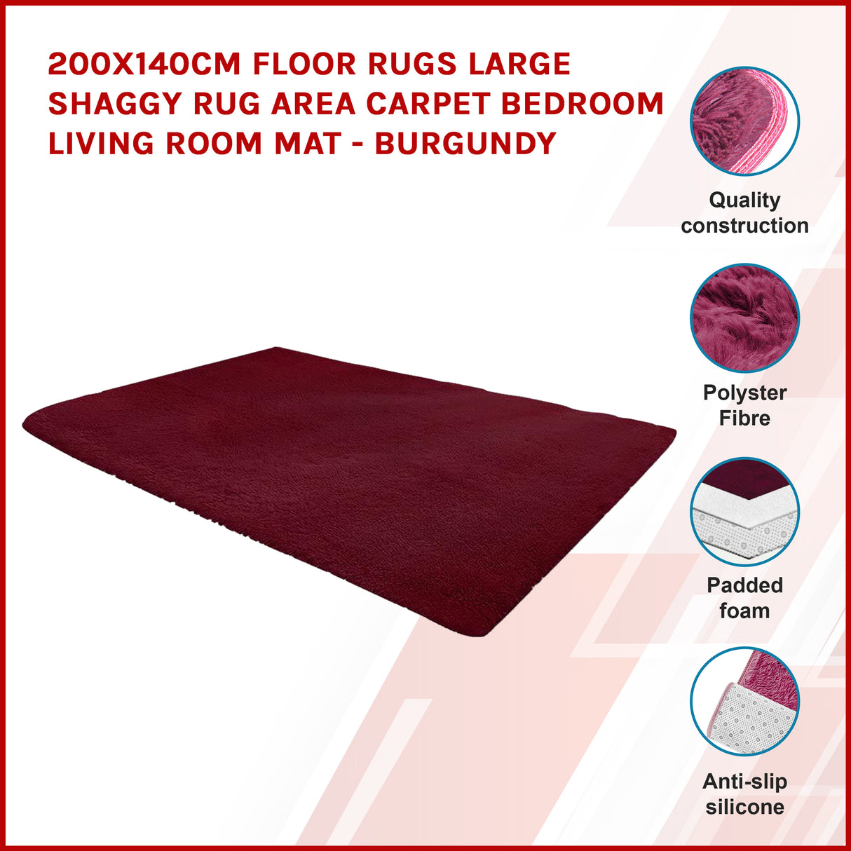 200x140cm Floor Rugs Large Shaggy Rug Area Carpet Bedroom Living Room Mat - Burgundy