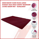 200x140cm Floor Rugs Large Shaggy Rug Area Carpet Bedroom Living Room Mat - Burgundy - Side View