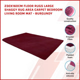 230x160cm Floor Rugs Large Shaggy Rug Area Carpet Bedroom Living Room Mat - Burgundy - Side View