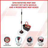 Spin Rotating Mop and Bucket Set with Wheels and 4 Microfibre Mop Heads - Front View
