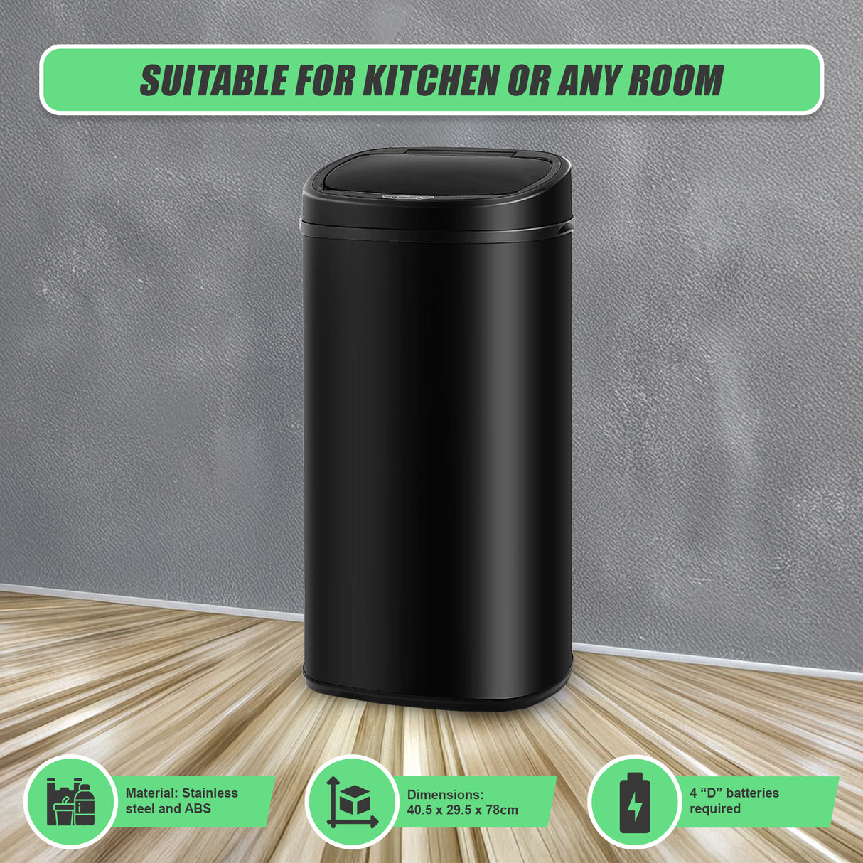 68L Motion Sensor Bin Automatic Stainless Steel Kitchen Rubbish Trash - Black