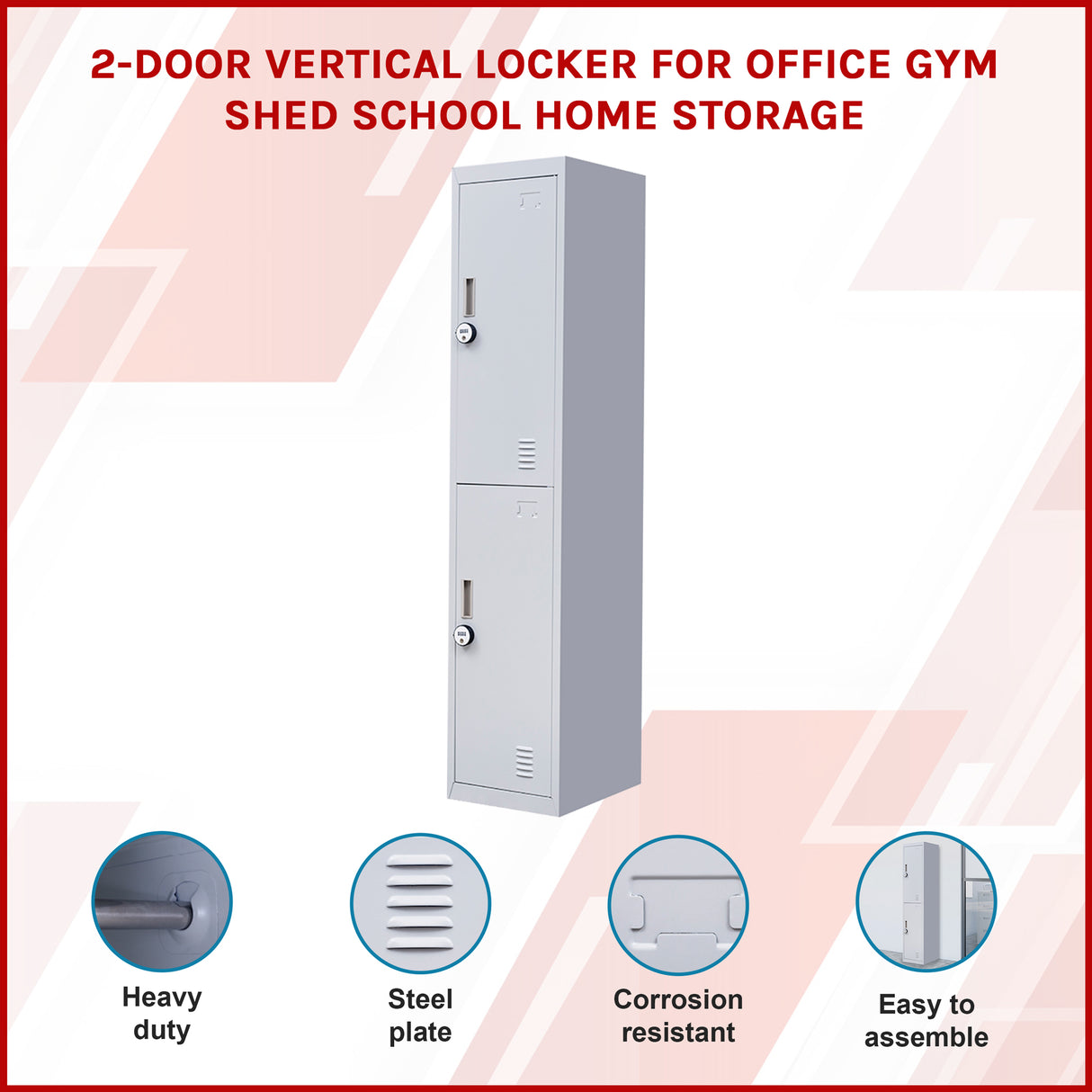 2-Door Vertical Locker for Office Gym Shed School Home Storage