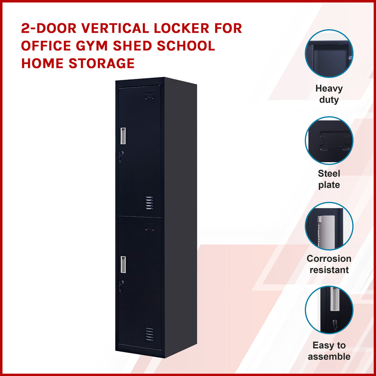 2-Door Vertical Locker for Office Gym Shed School Home Storage