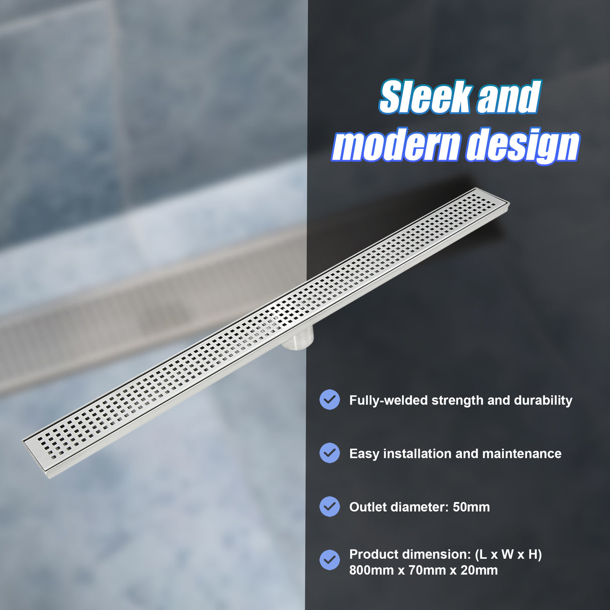 800mm Bathroom Shower Stainless Steel Grate Drain w/Centre outlet Floor Waste