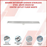 800mm Bathroom Shower Stainless Steel Grate Drain w/Centre outlet Floor Waste