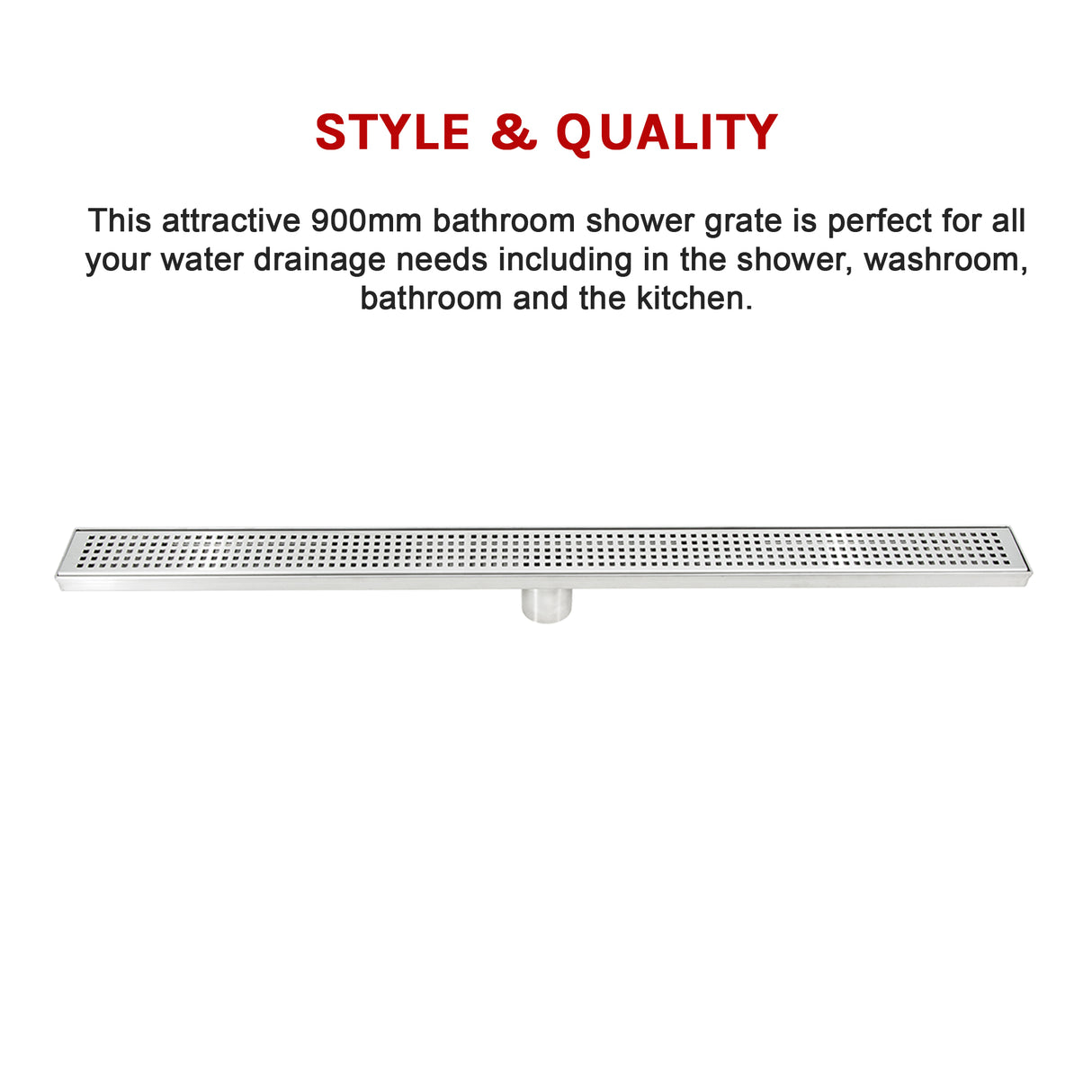 900mm Bathroom Shower Stainless Steel Grate Drain w/Centre outlet Floor Waste Square Pattern