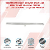 900mm Bathroom Shower Stainless Steel Grate Drain w/Centre outlet Floor Waste Square Pattern - Front View