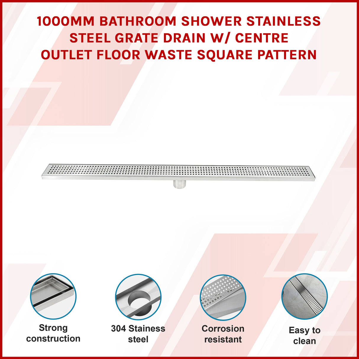 1000mm Bathroom Shower Stainless Steel Grate Drain w/Centre outlet Floor Waste Square Pattern