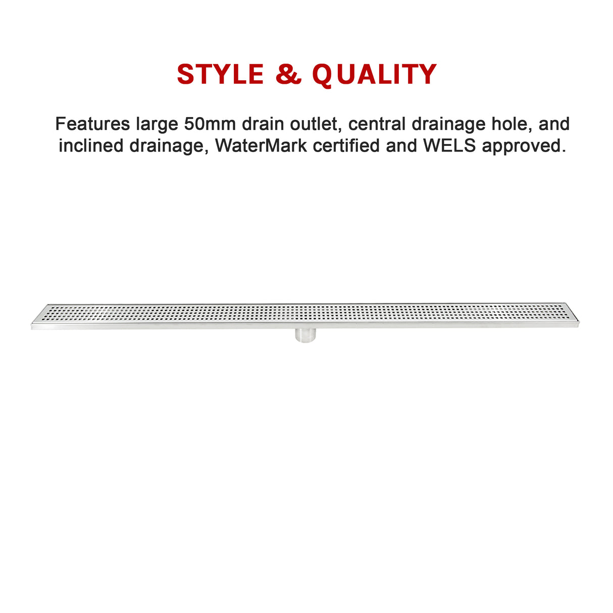 1200mm Bathroom Shower Stainless Steel Grate Drain w/Centre outlet Floor Waste Square Pattern